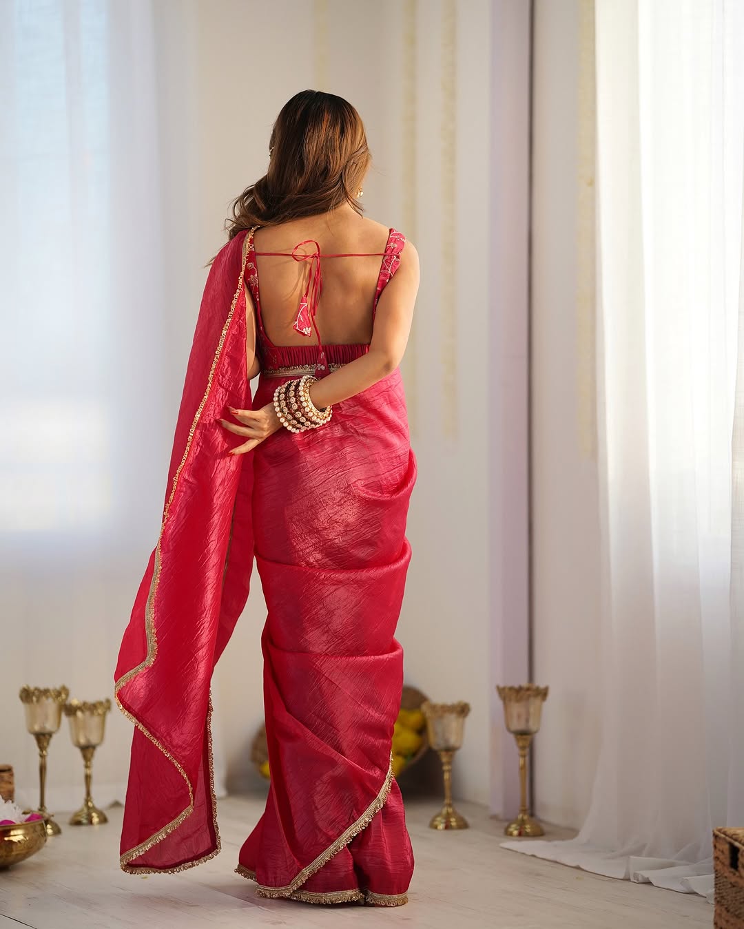 Aarvi rani pink ready to wear gold crush tissue silk saree