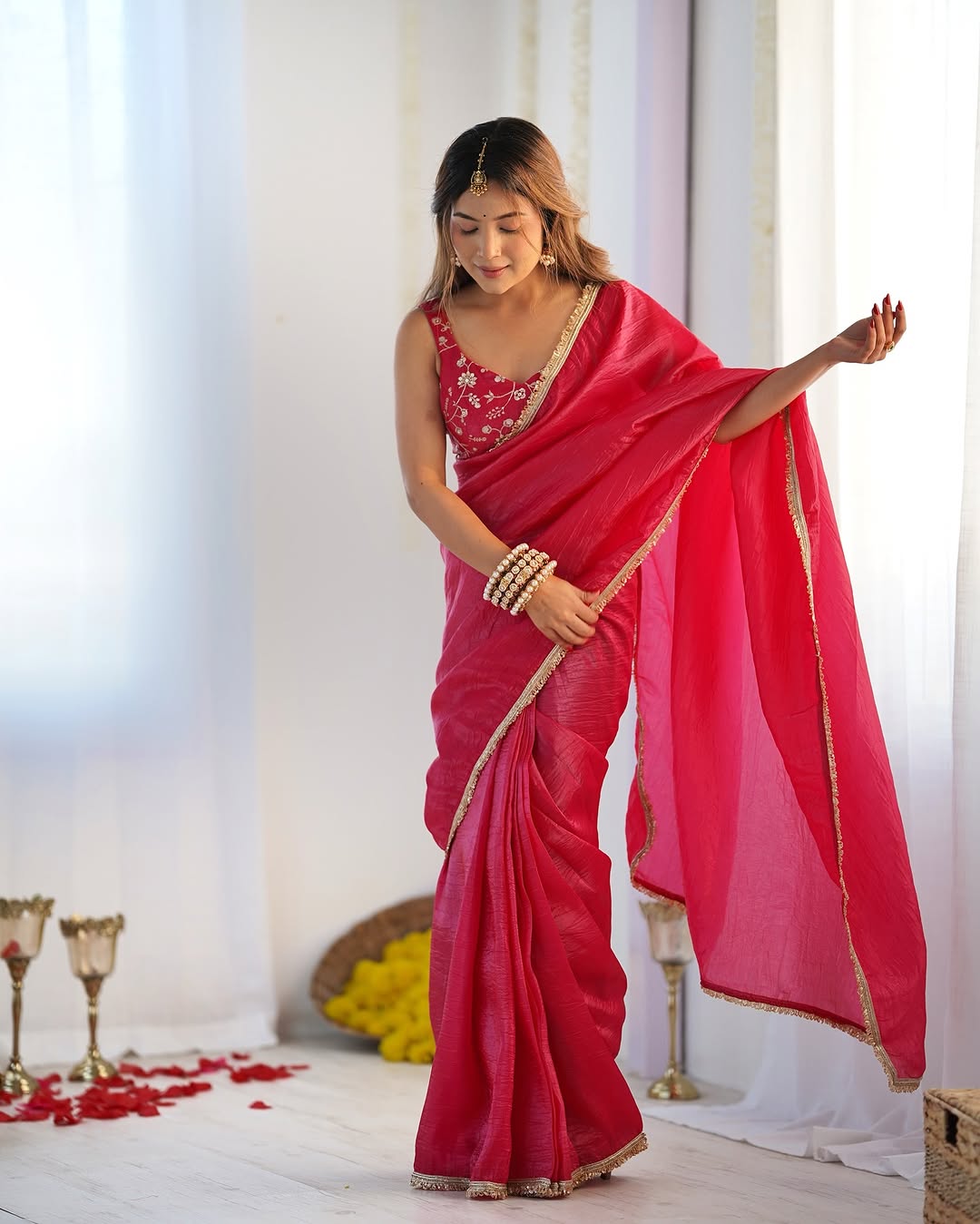 Aarvi rani pink ready to wear gold crush tissue silk saree