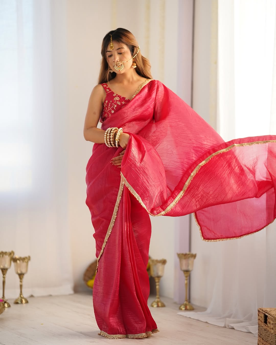 Aarvi rani pink ready to wear gold crush tissue silk saree