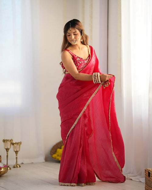 Aarvi rani pink ready to wear gold crush tissue silk saree