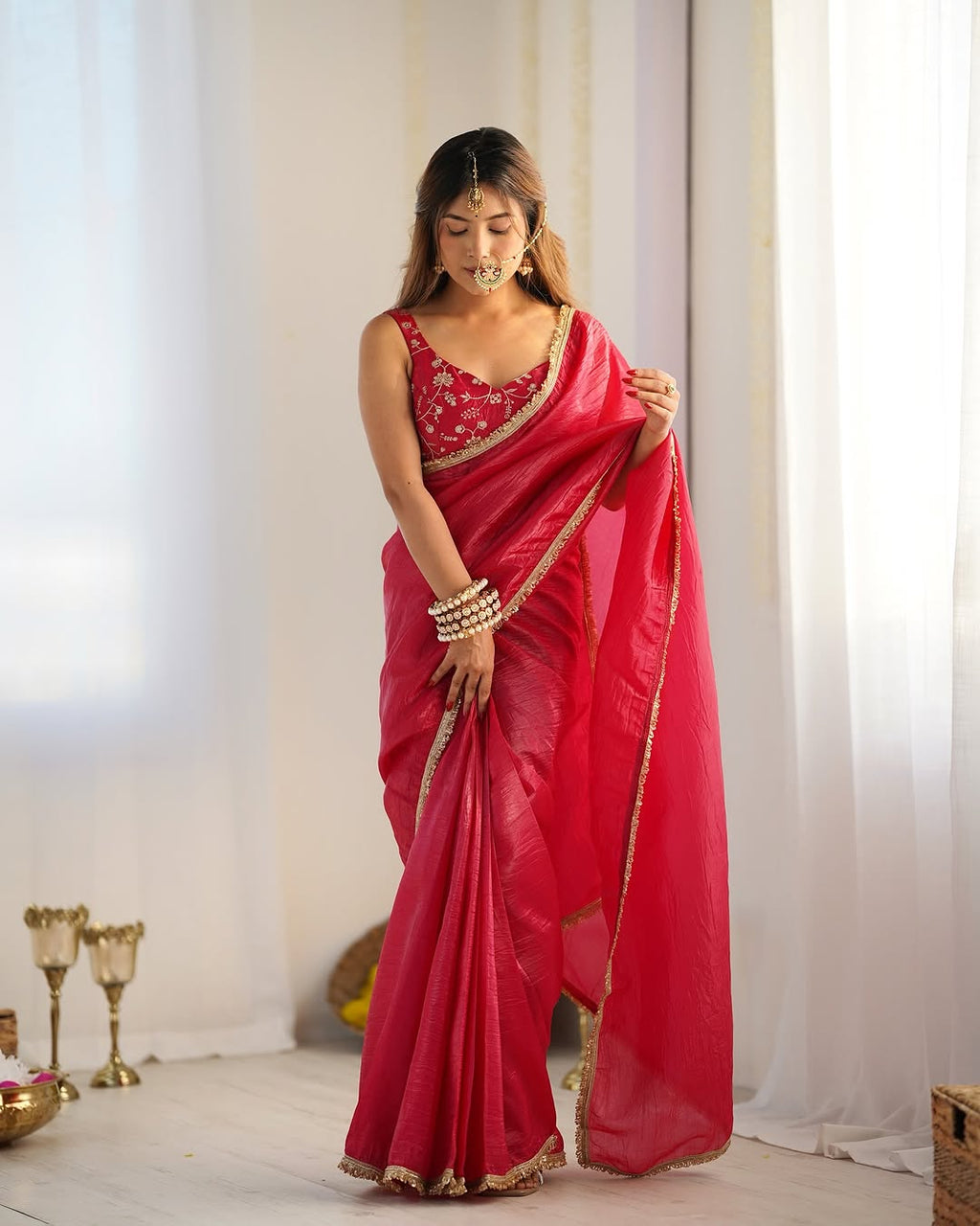 Aarvi rani pink ready to wear gold crush tissue silk saree