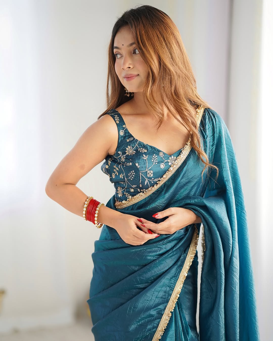 Aarvi teal ready to wear gold crush tissue silk saree