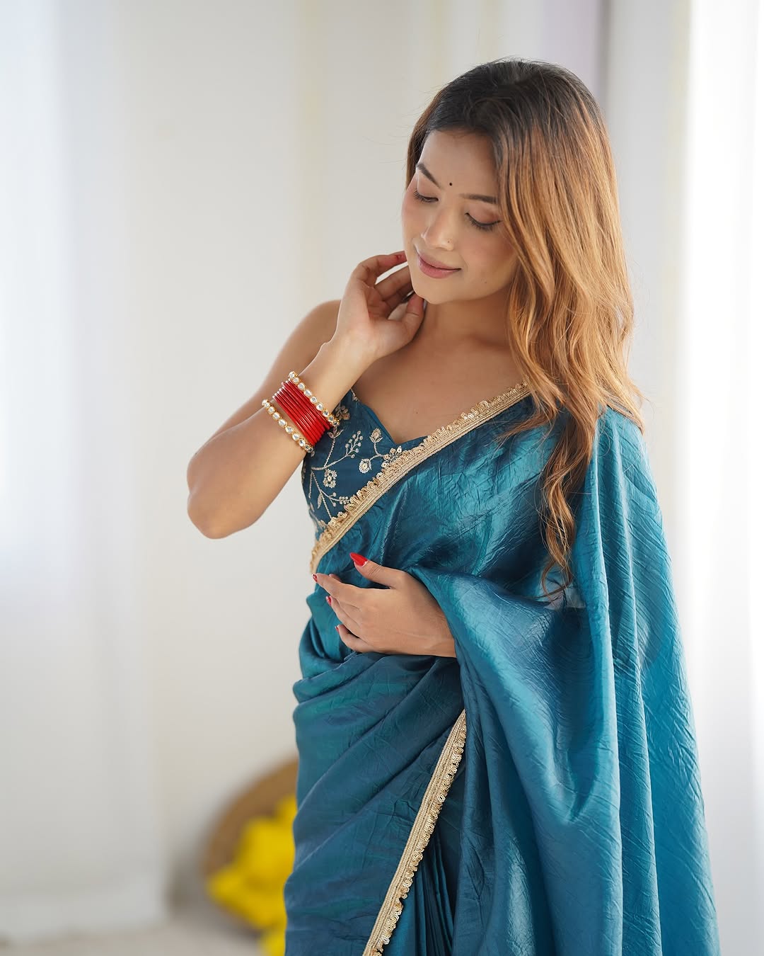 Aarvi teal ready to wear gold crush tissue silk saree