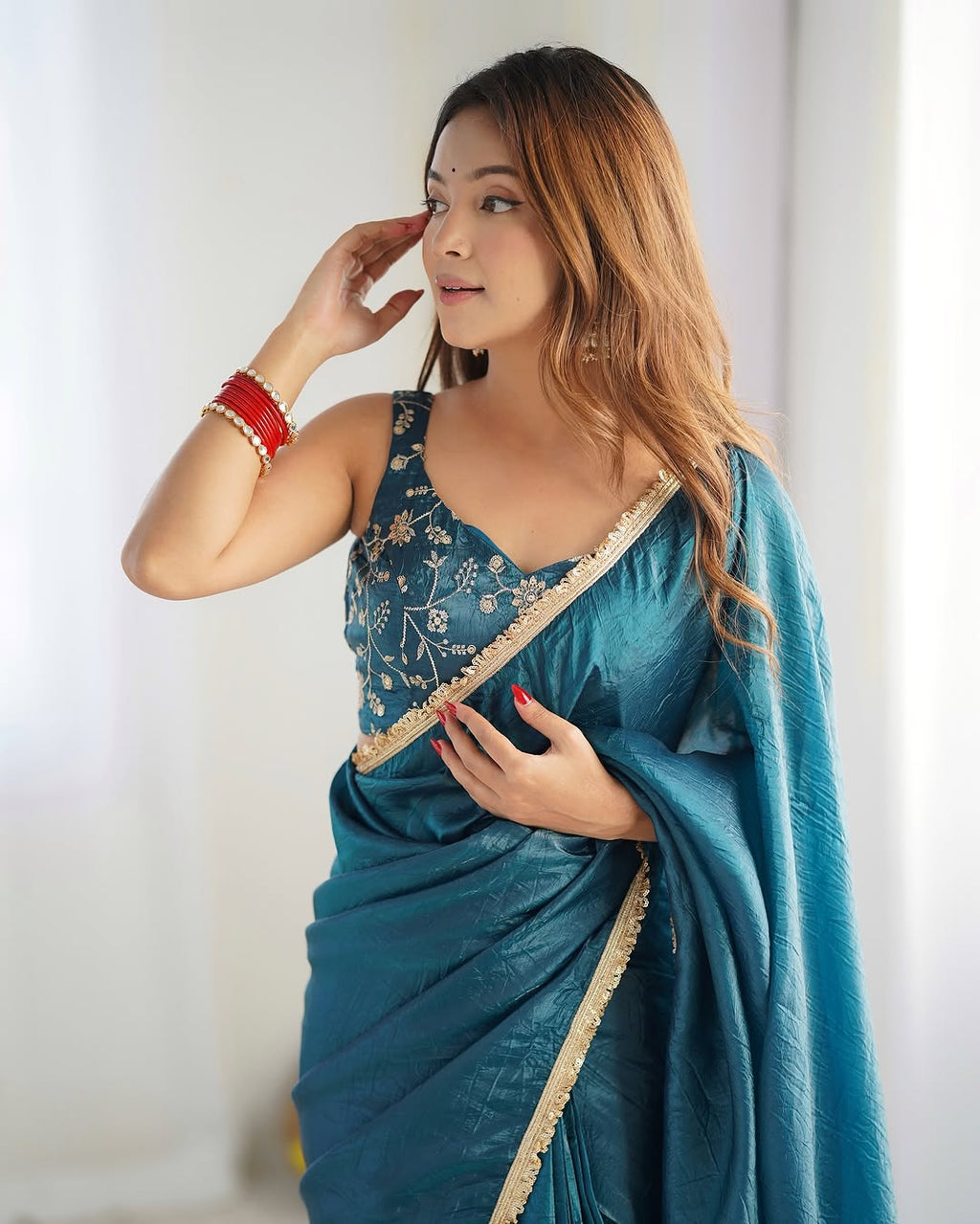 Aarvi teal ready to wear gold crush tissue silk saree