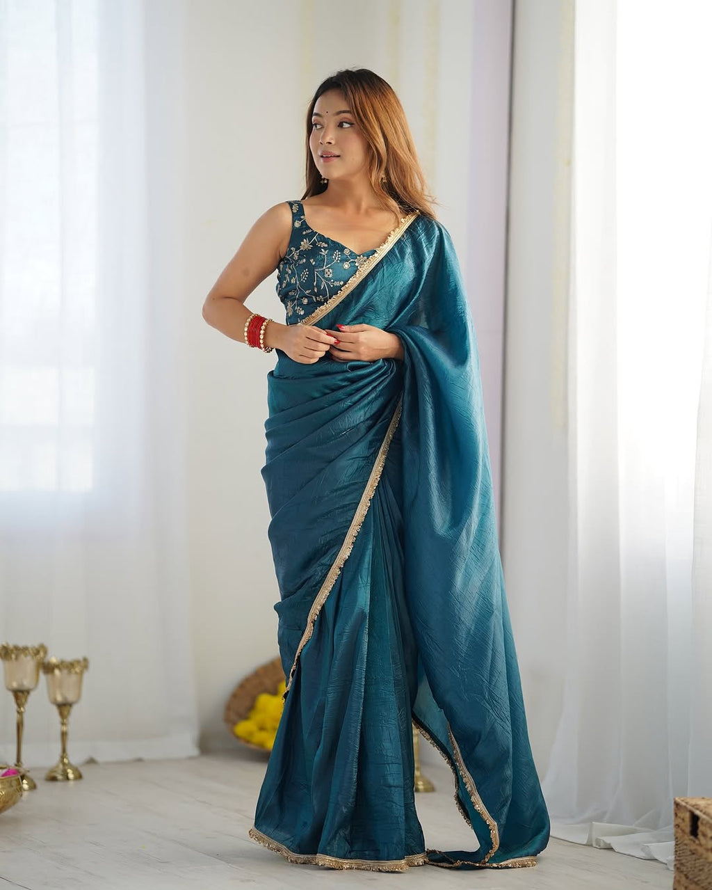 Aarvi teal ready to wear gold crush tissue silk saree