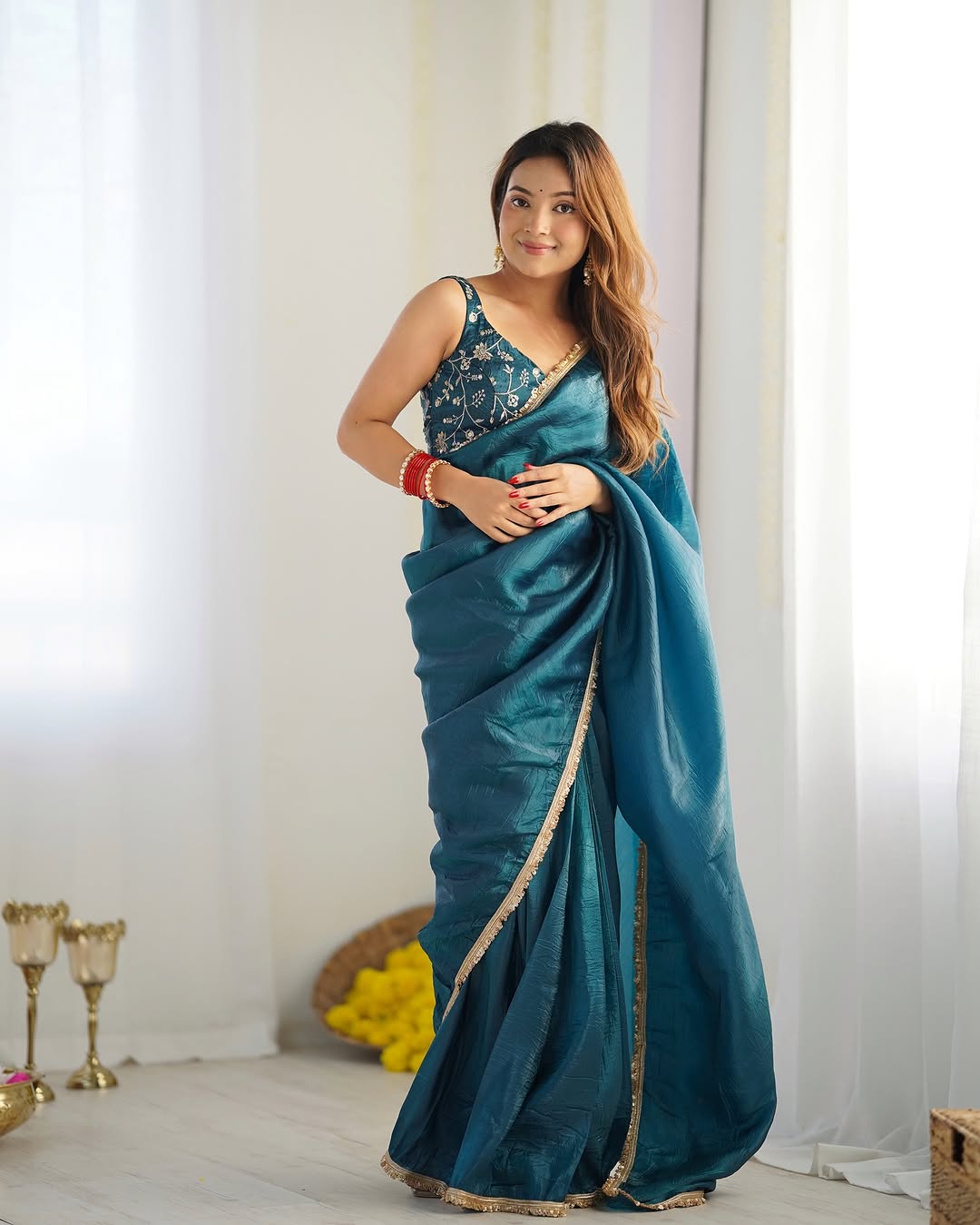 Aarvi teal ready to wear gold crush tissue silk saree