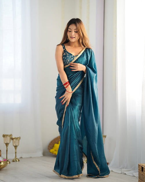 Aarvi teal ready to wear gold crush tissue silk saree