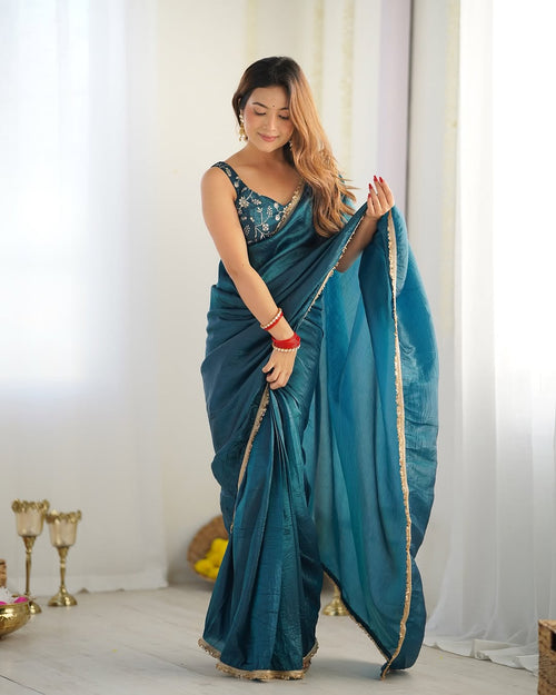 Aarvi teal ready to wear gold crush tissue silk saree