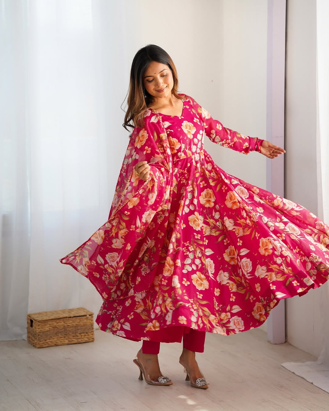 Aashvi Soft Organza Anarkali Suit Set – pastel pink fully stitched Anarkali kurta with 4-meter flair and canvas belt, paired with digitally printed micro cotton pants and a shawl-style lace border dupatta, premium soft organza festive suit for weddings, Diwali, Eid, or Raksha Bandhan, stylish and elegant ethnic set for women by Trinaari.