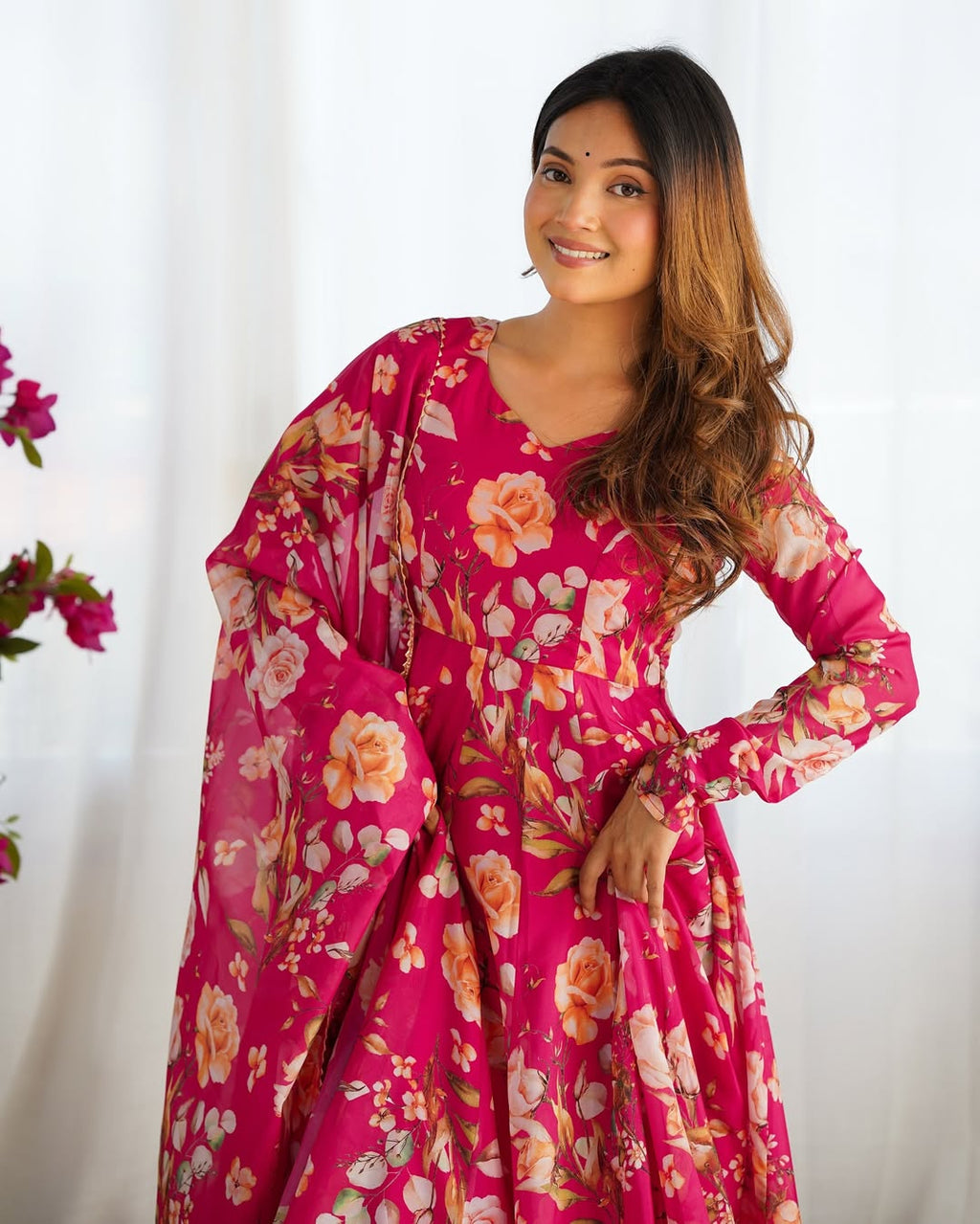 Aashvi Soft Organza Anarkali Suit Set – pastel pink fully stitched Anarkali kurta with 4-meter flair and canvas belt, paired with digitally printed micro cotton pants and a shawl-style lace border dupatta, premium soft organza festive suit for weddings, Diwali, Eid, or Raksha Bandhan, stylish and elegant ethnic set for women by Trinaari.