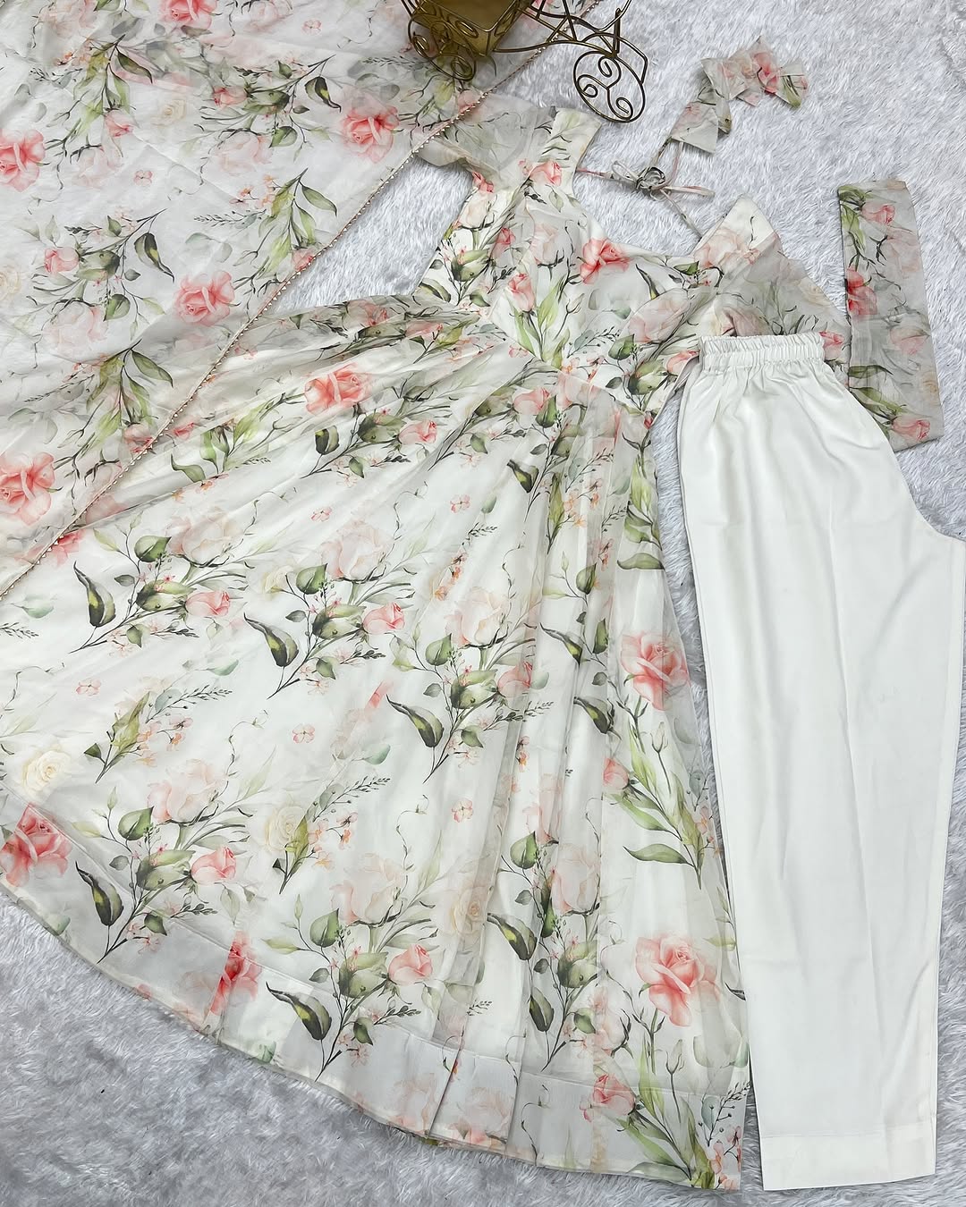 Aashvi white pure soft organza anarkali suit set