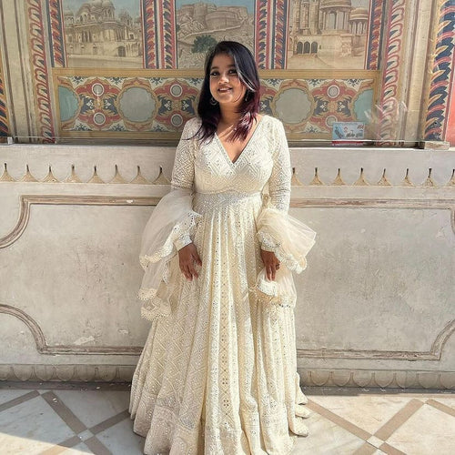 Aavya White Embroidered Anarkali Flared Gown Set