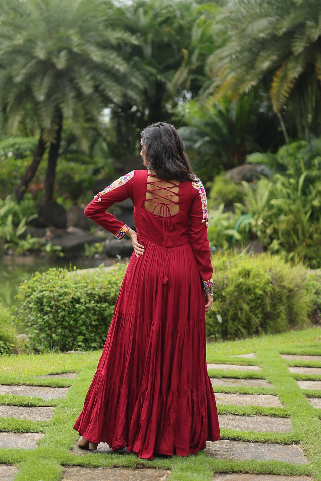 Maroon rayon Kutchi Gamthi embroidered Aditri Anarkali gown