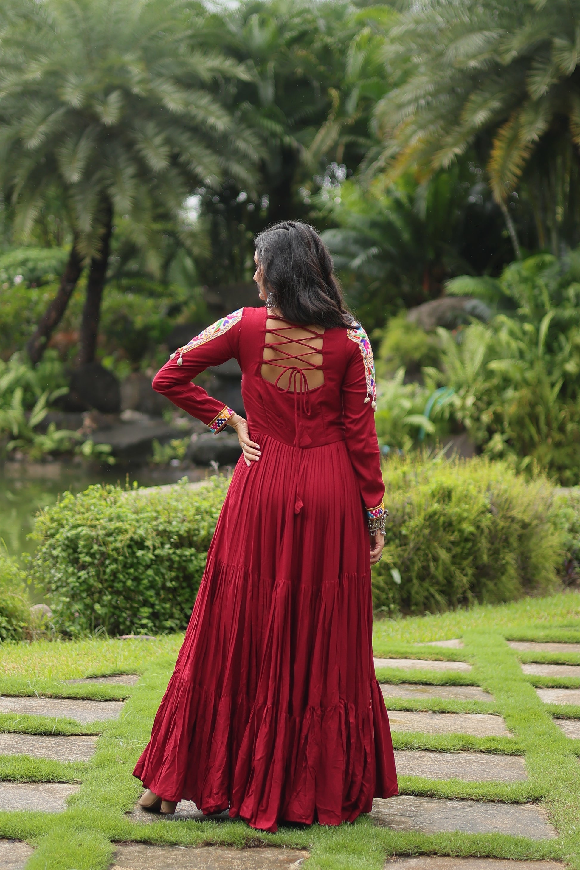 Maroon rayon Kutchi Gamthi embroidered Aditri Anarkali gown