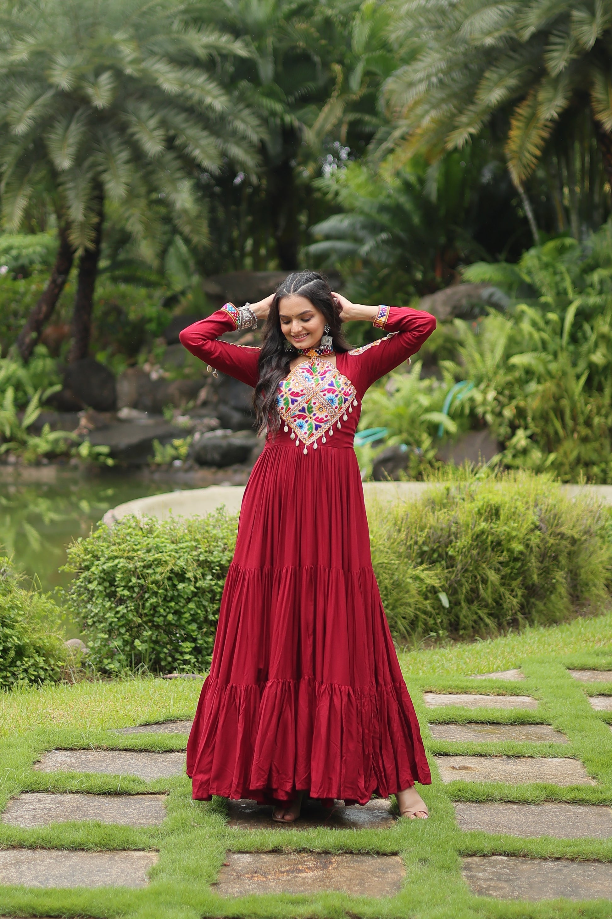 Maroon rayon Kutchi Gamthi embroidered Aditri Anarkali gown