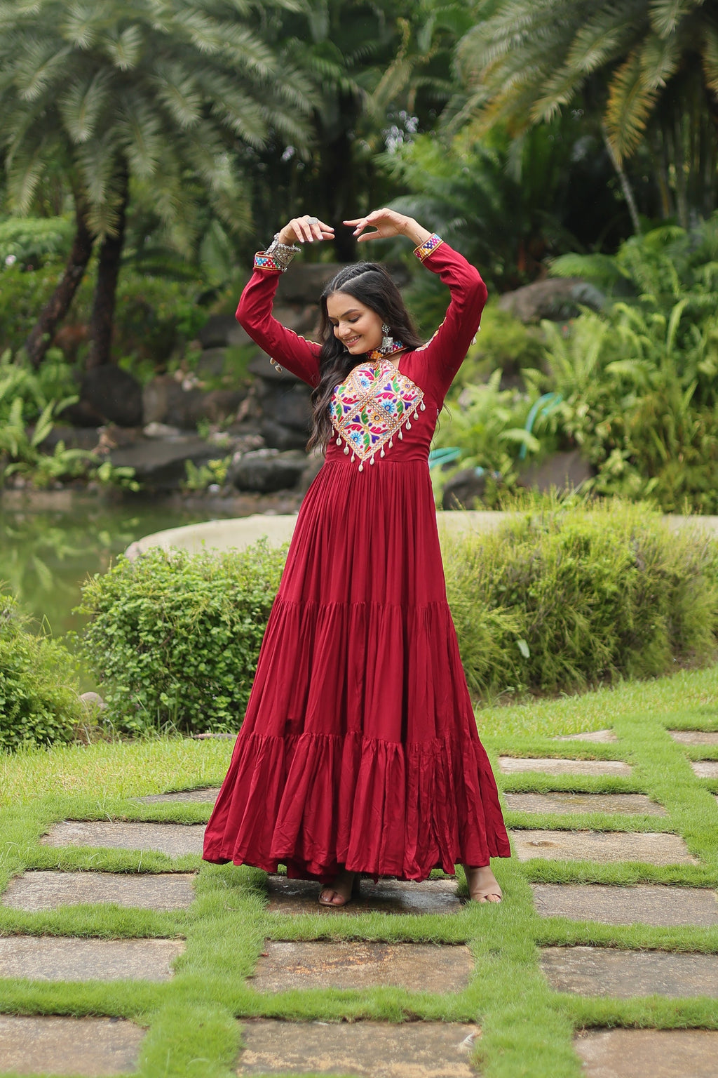 Maroon rayon Kutchi Gamthi embroidered Aditri Anarkali gown
