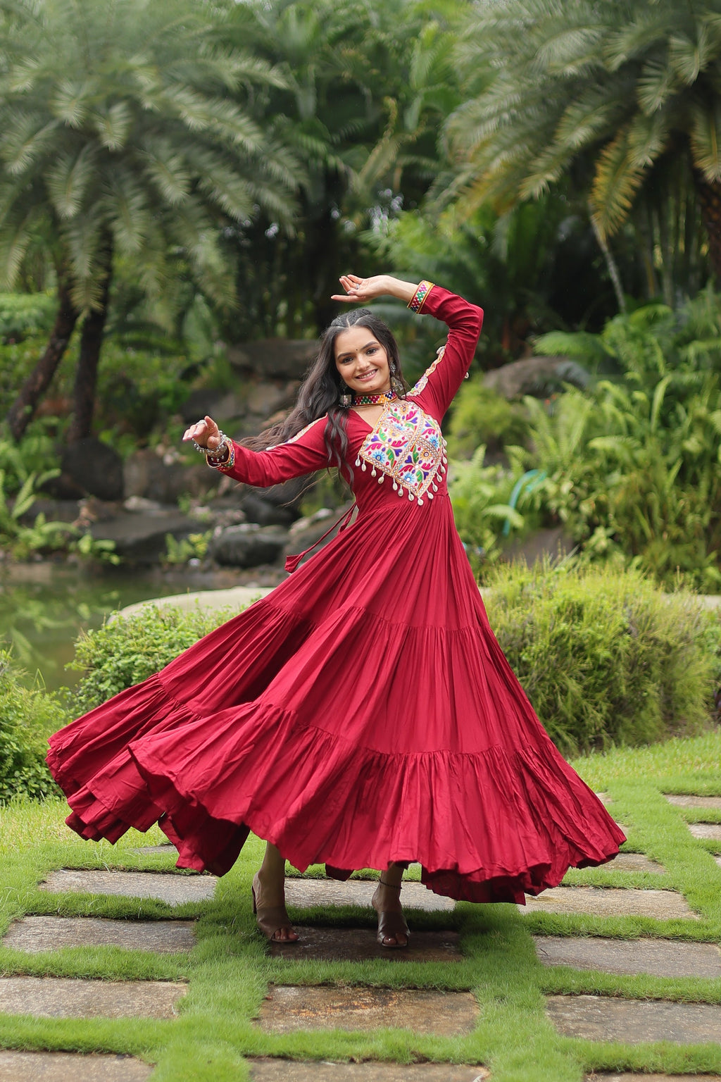 Maroon rayon Kutchi Gamthi embroidered Aditri Anarkali gown