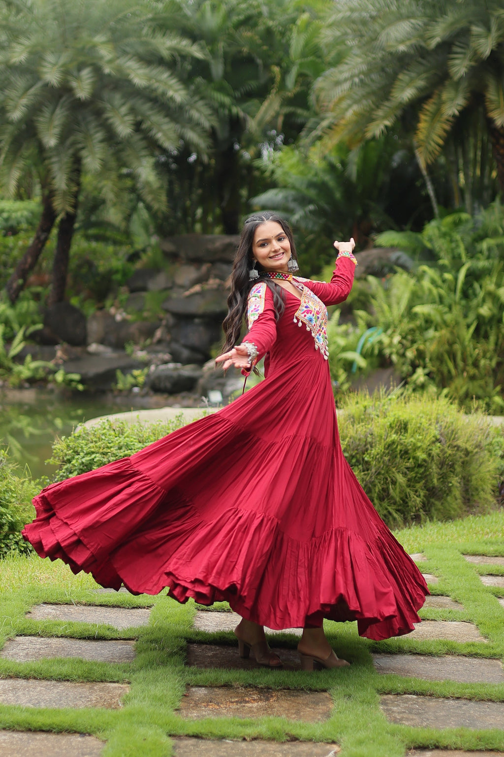 Maroon rayon Kutchi Gamthi embroidered Aditri Anarkali gown