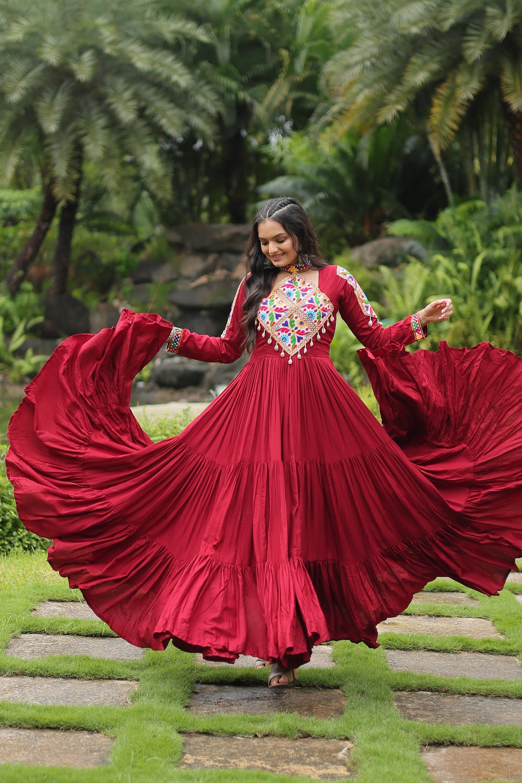 Maroon rayon Kutchi Gamthi embroidered Aditri Anarkali gown