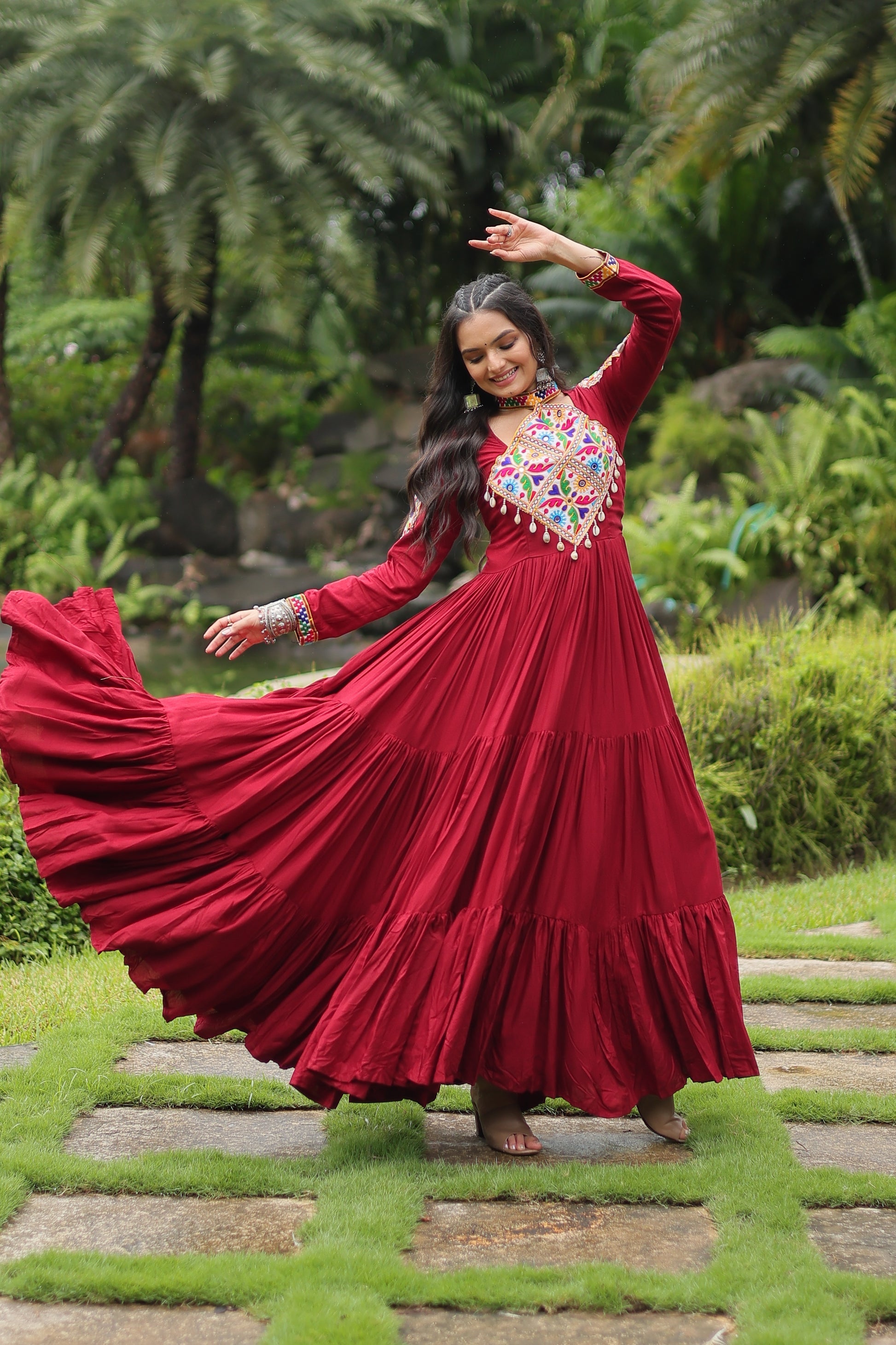 Maroon rayon Kutchi Gamthi embroidered Aditri Anarkali gown