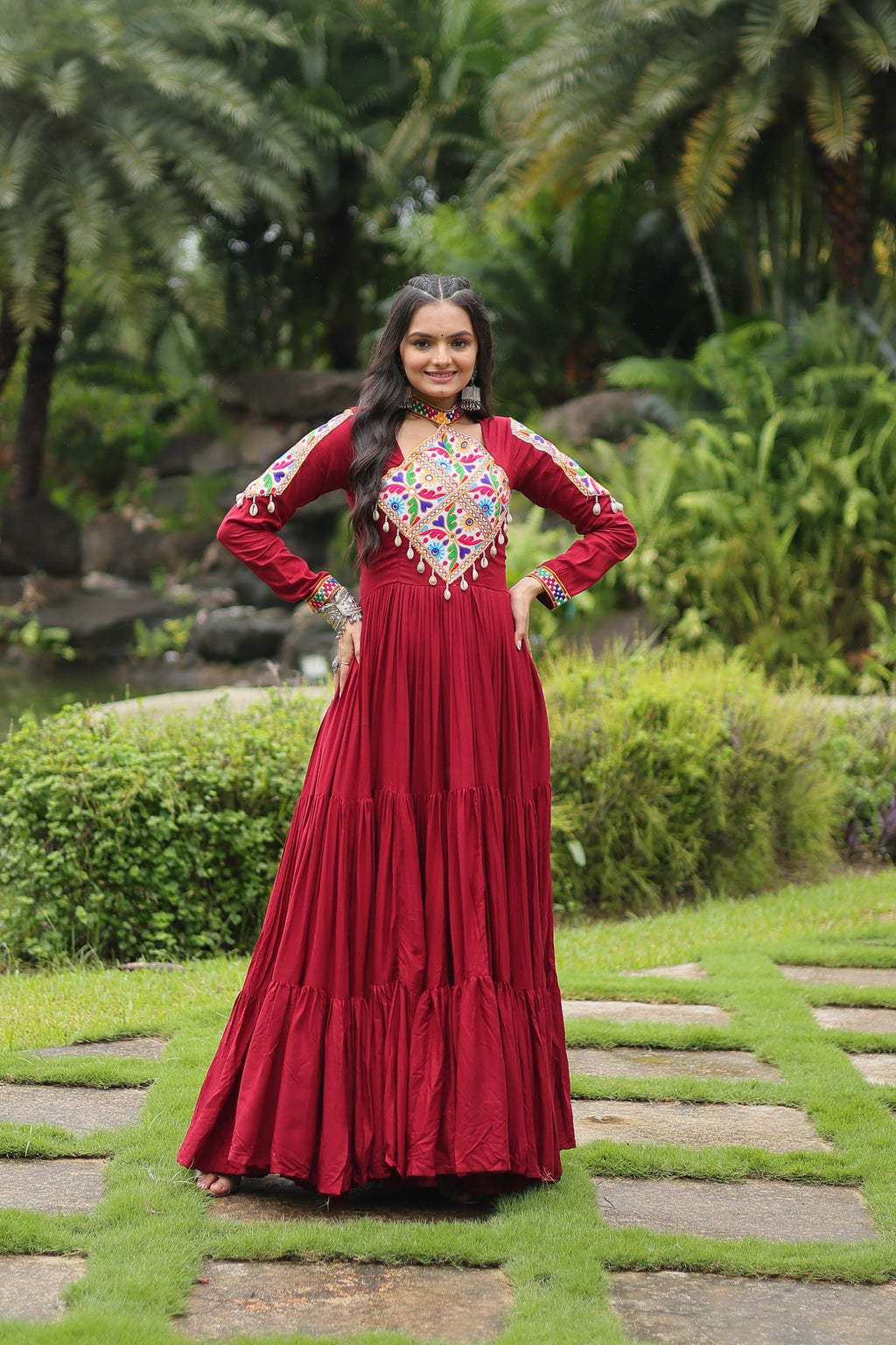 Maroon rayon Kutchi Gamthi embroidered Aditri Anarkali gown