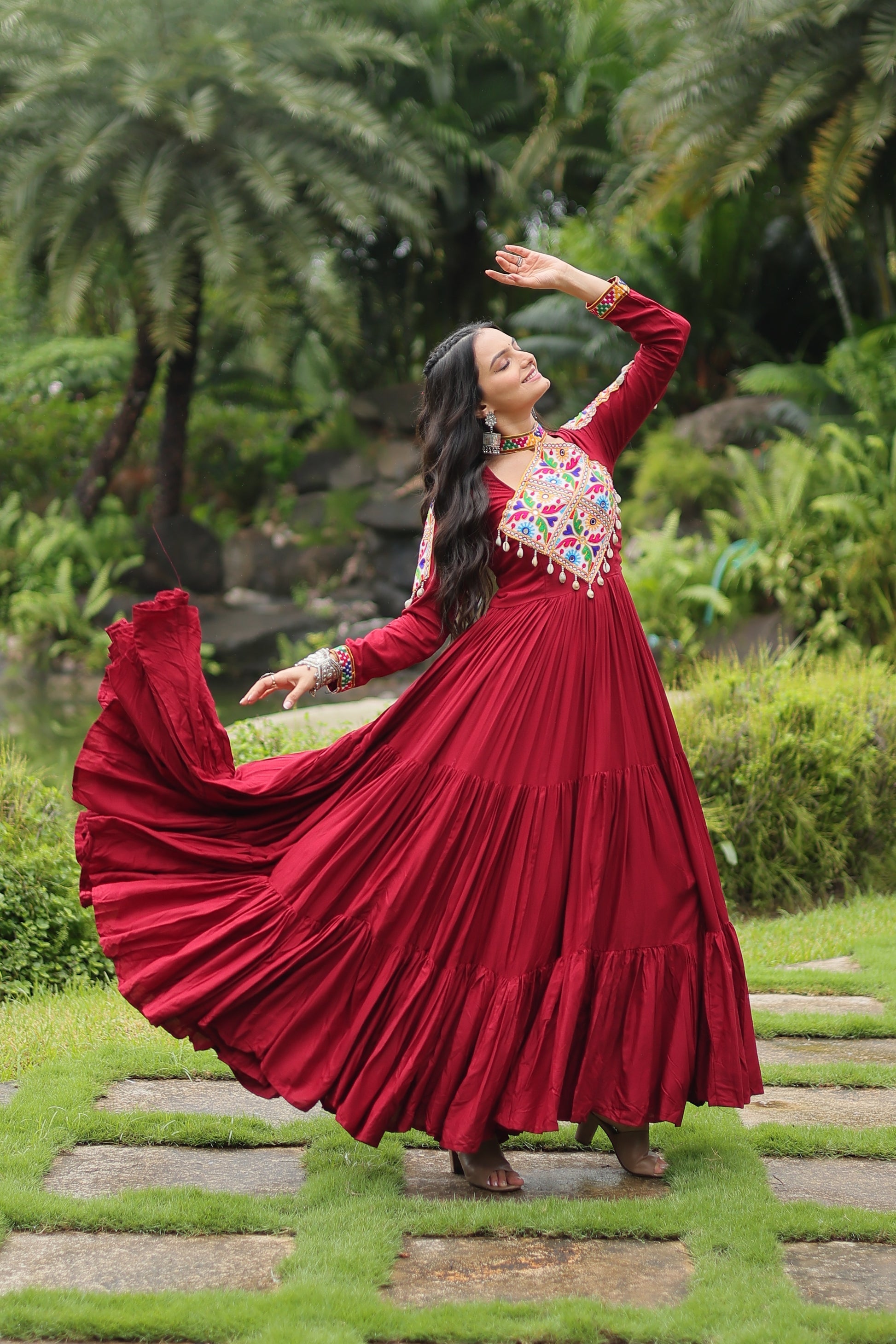 Maroon rayon Kutchi Gamthi embroidered Aditri Anarkali gown