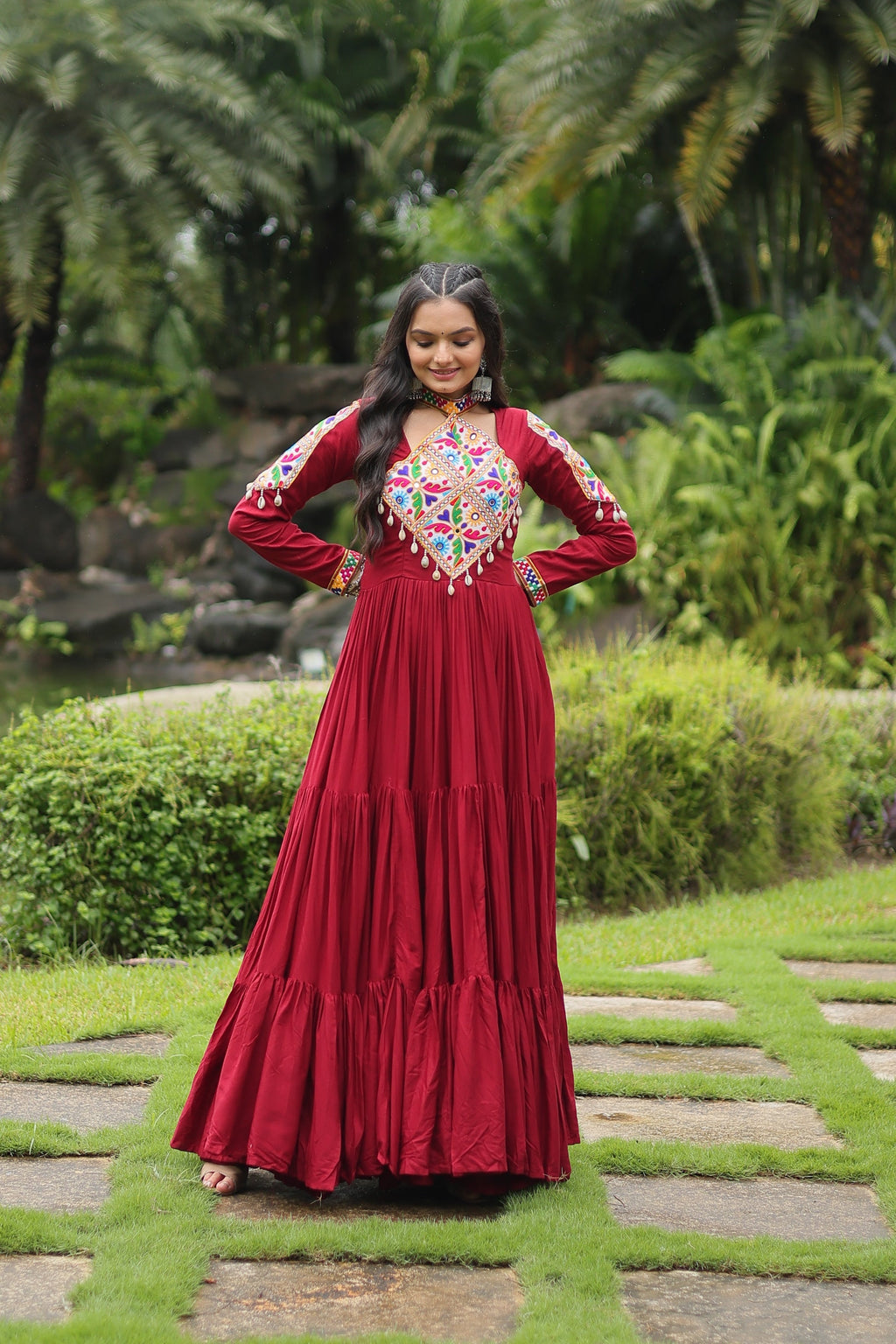 Maroon rayon Kutchi Gamthi embroidered Aditri Anarkali gown