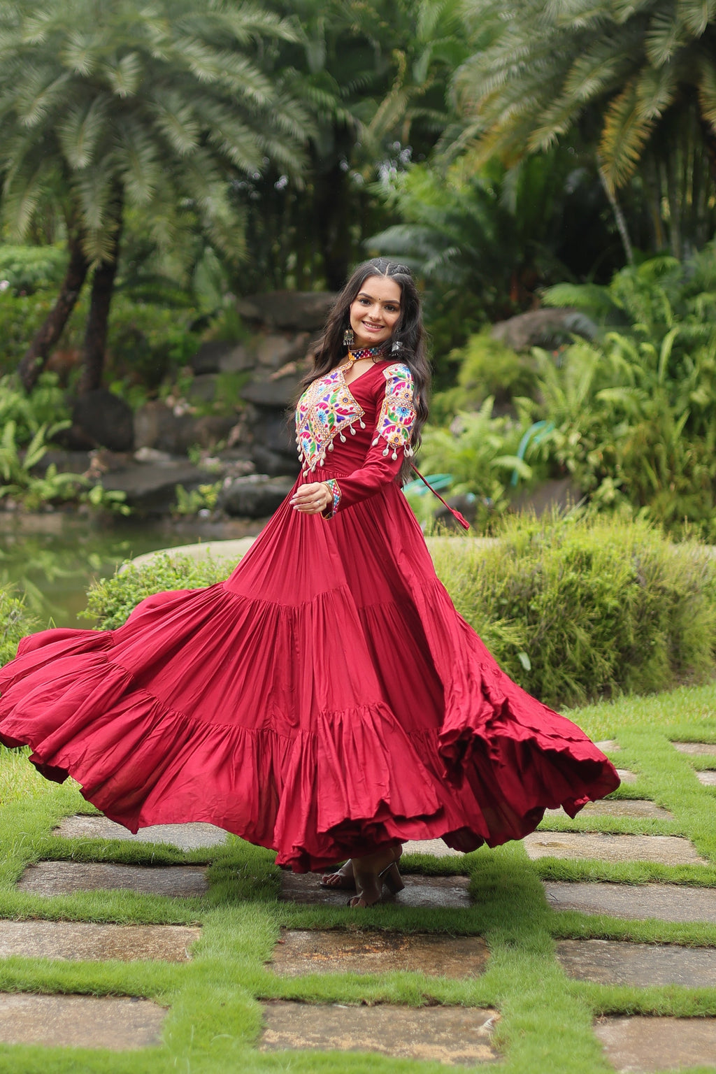 Maroon rayon Kutchi Gamthi embroidered Aditri Anarkali gown