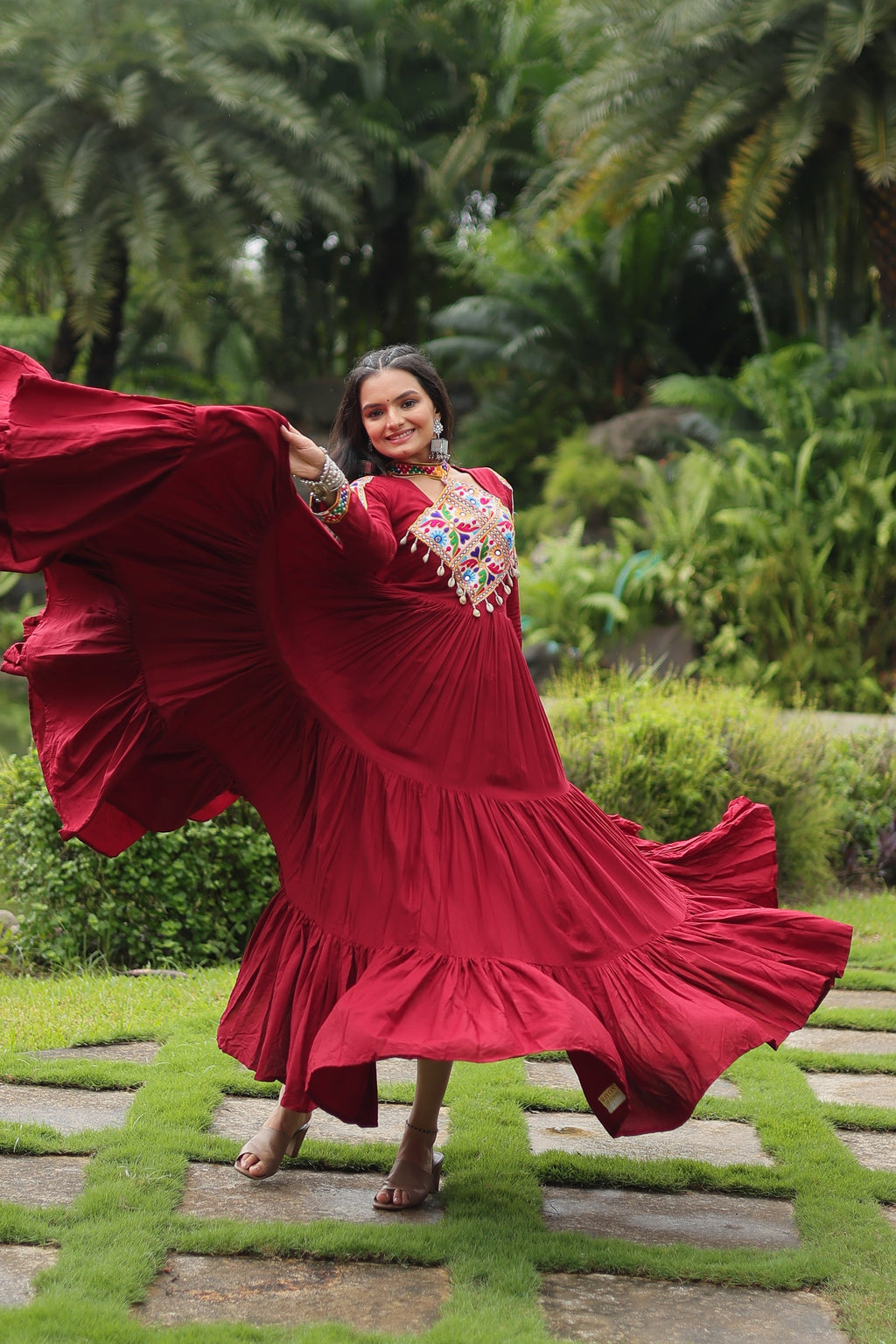 Maroon rayon Kutchi Gamthi embroidered Aditri Anarkali gown