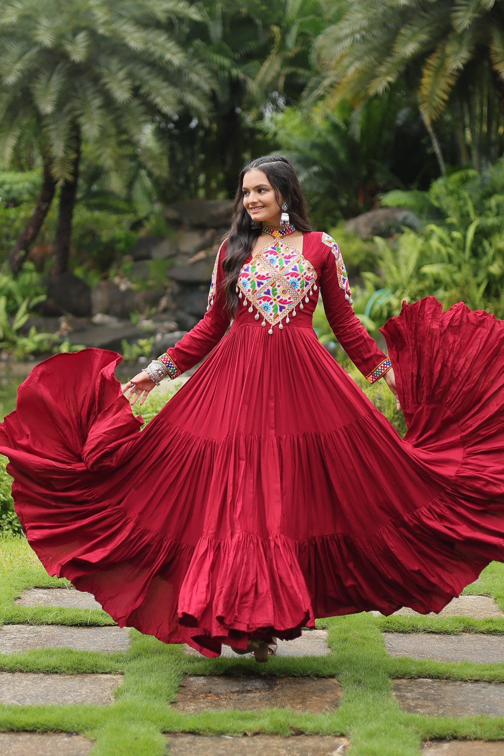 Maroon rayon Kutchi Gamthi embroidered Aditri Anarkali gown