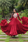 Maroon rayon Kutchi Gamthi embroidered Aditri Anarkali gown