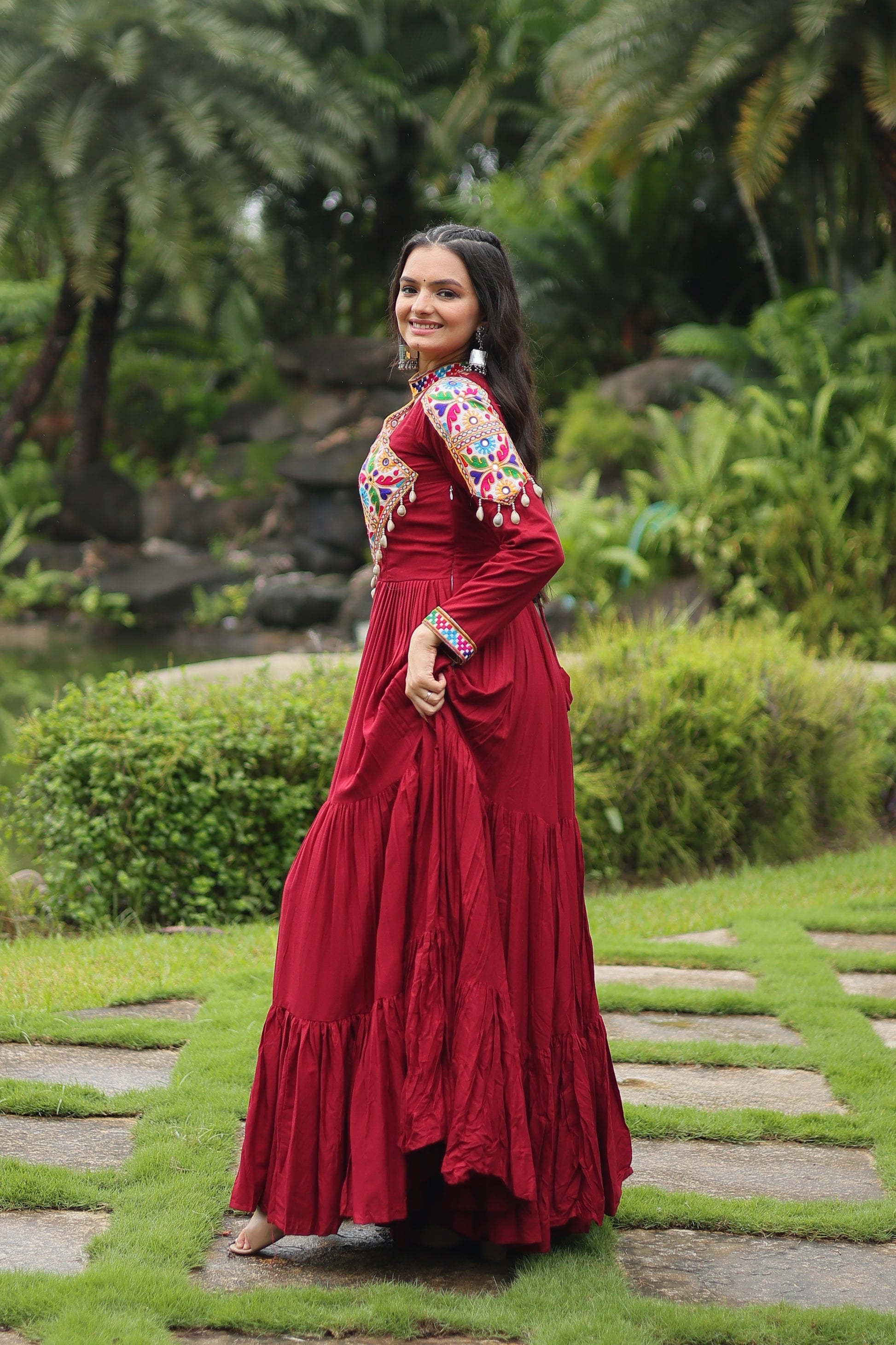 Maroon rayon Kutchi Gamthi embroidered Aditri Anarkali gown