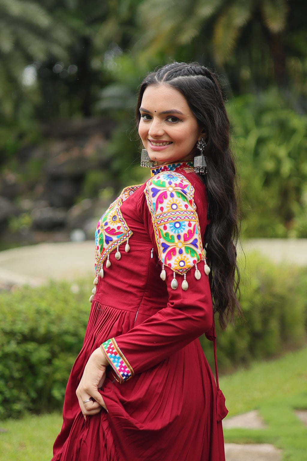 Maroon rayon Kutchi Gamthi embroidered Aditri Anarkali gown