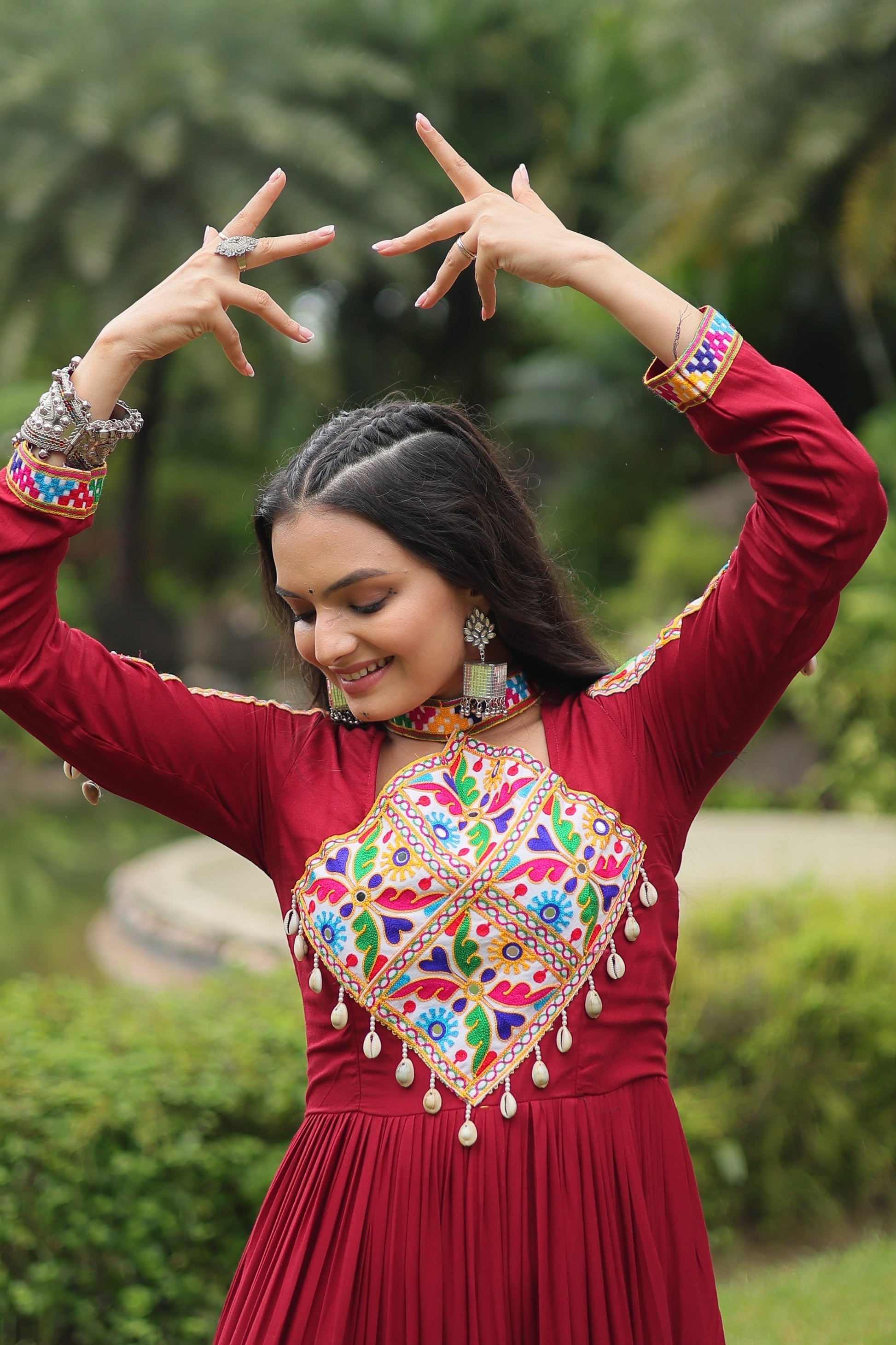 Maroon rayon Kutchi Gamthi embroidered Aditri Anarkali gown