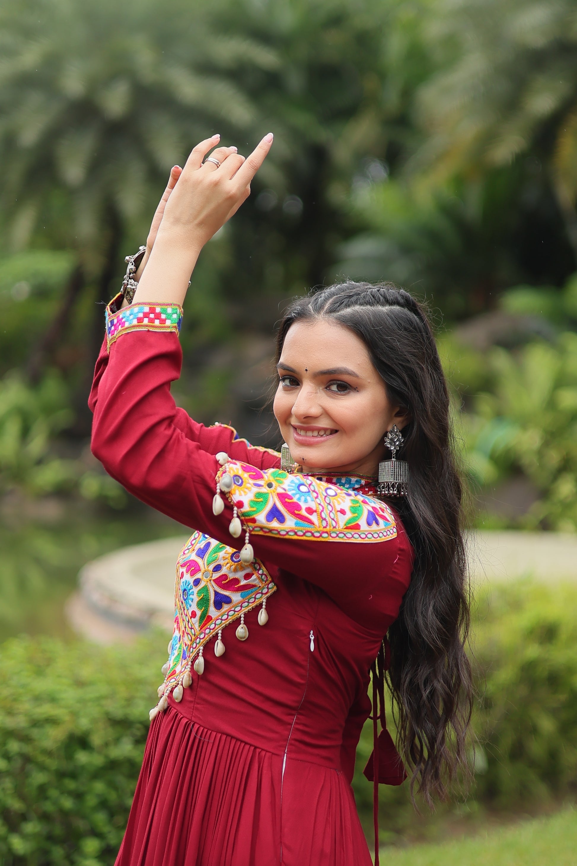 Maroon rayon Kutchi Gamthi embroidered Aditri Anarkali gown