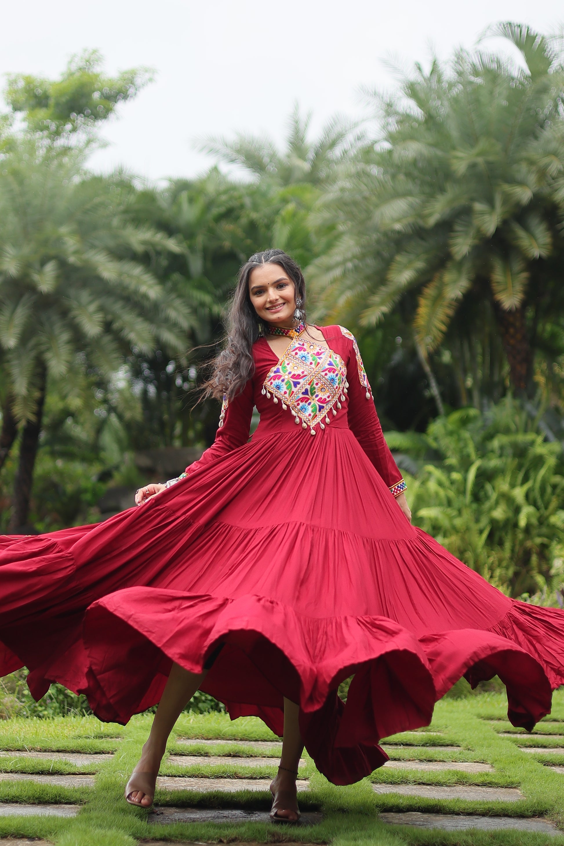 Maroon rayon Kutchi Gamthi embroidered Aditri Anarkali gown