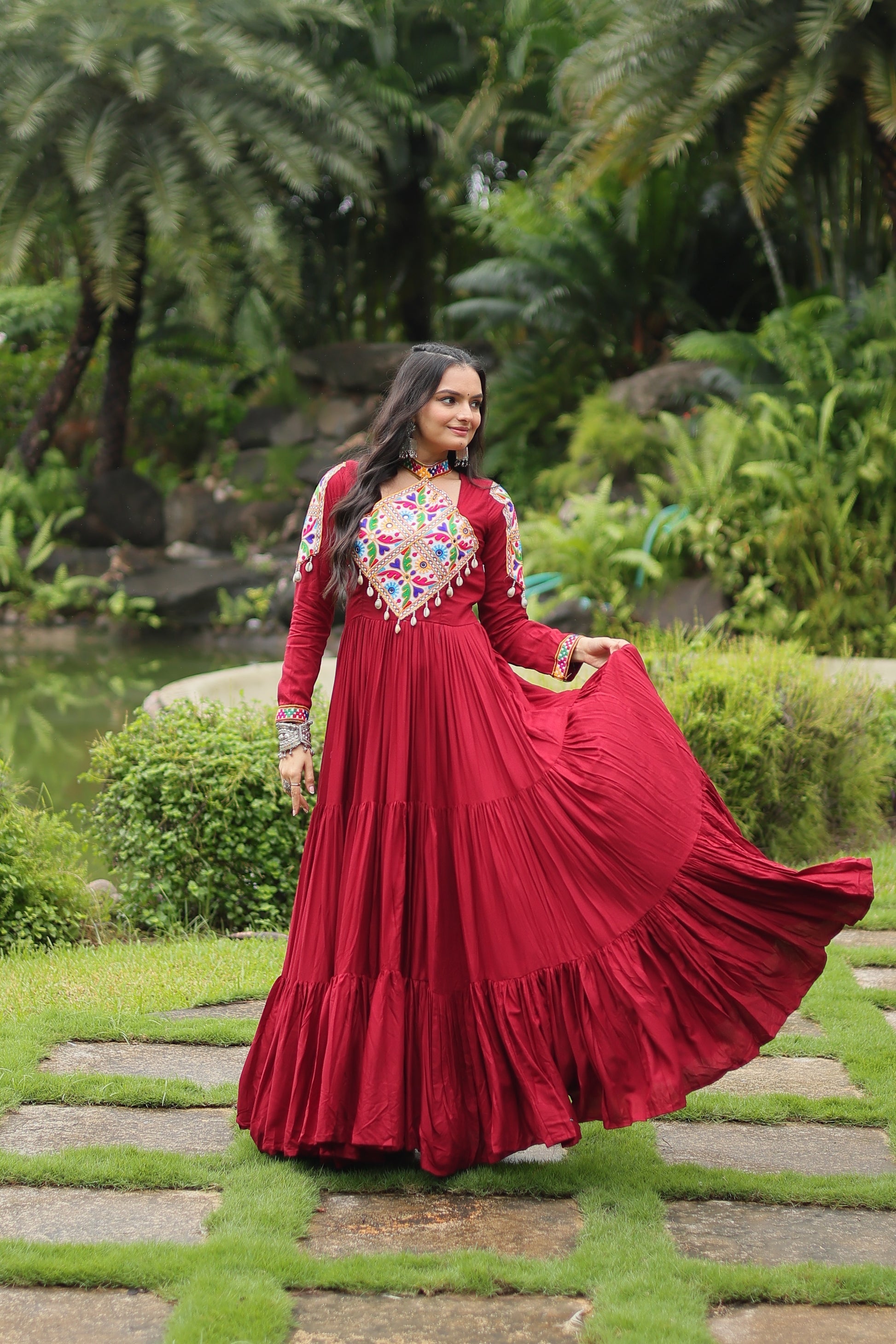 Maroon rayon Kutchi Gamthi embroidered Aditri Anarkali gown