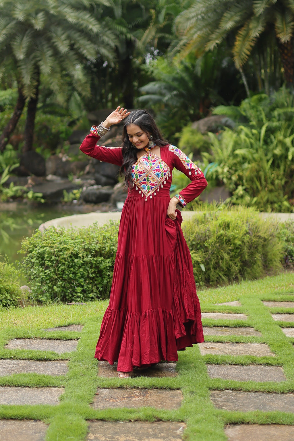 Maroon rayon Kutchi Gamthi embroidered Aditri Anarkali gown
