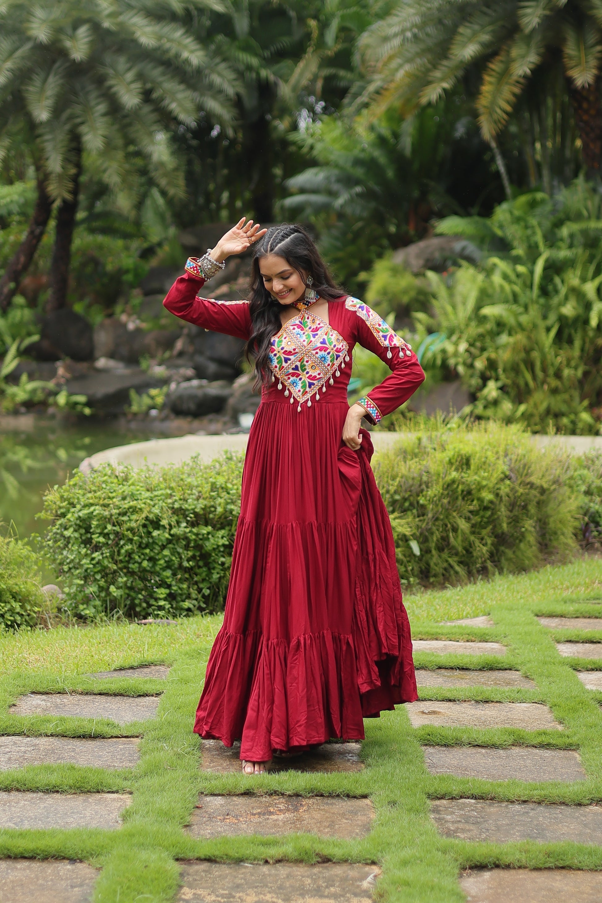 Maroon rayon Kutchi Gamthi embroidered Aditri Anarkali gown