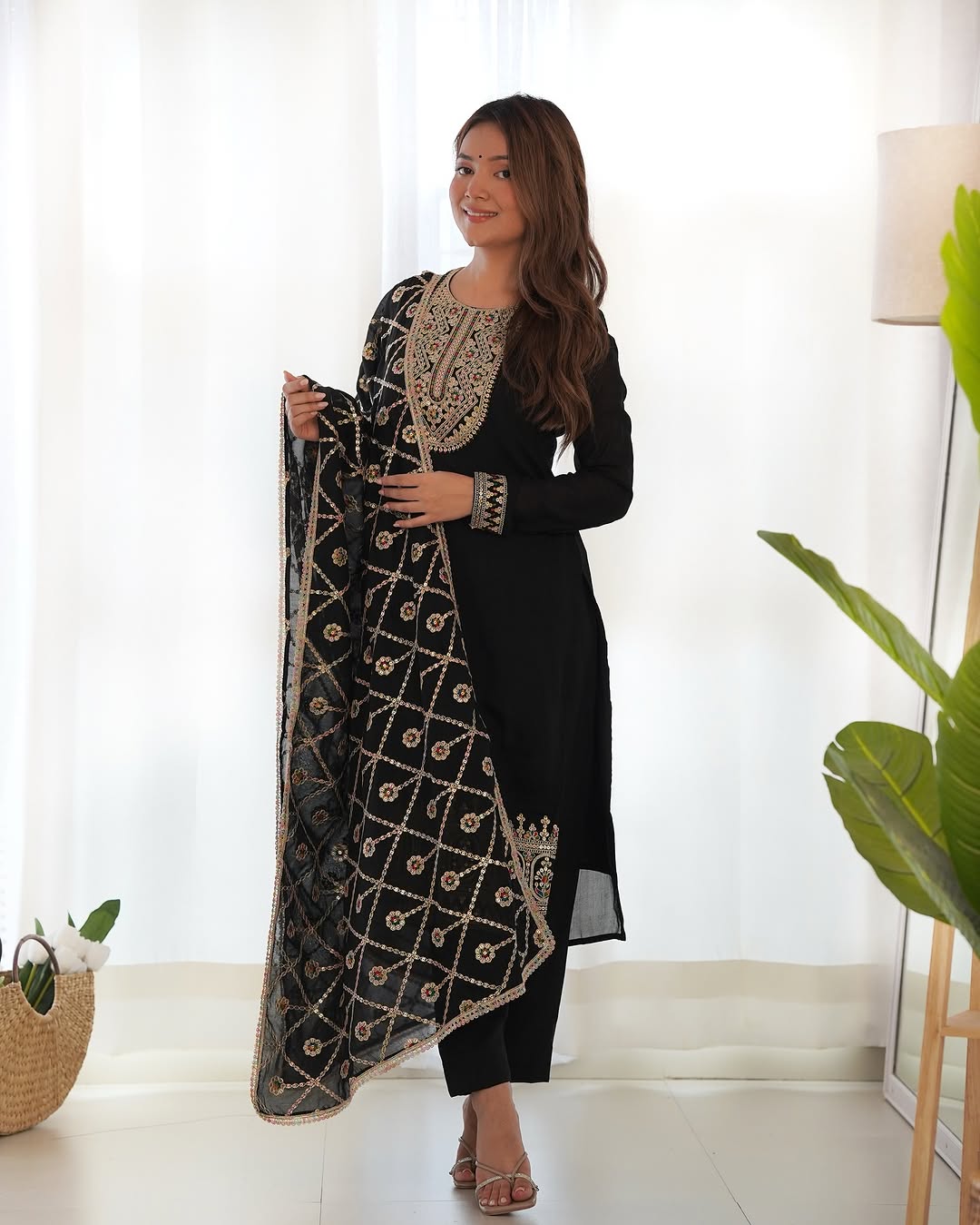 Adya black pure blooming vichitra silk kurta suit set with dupatta