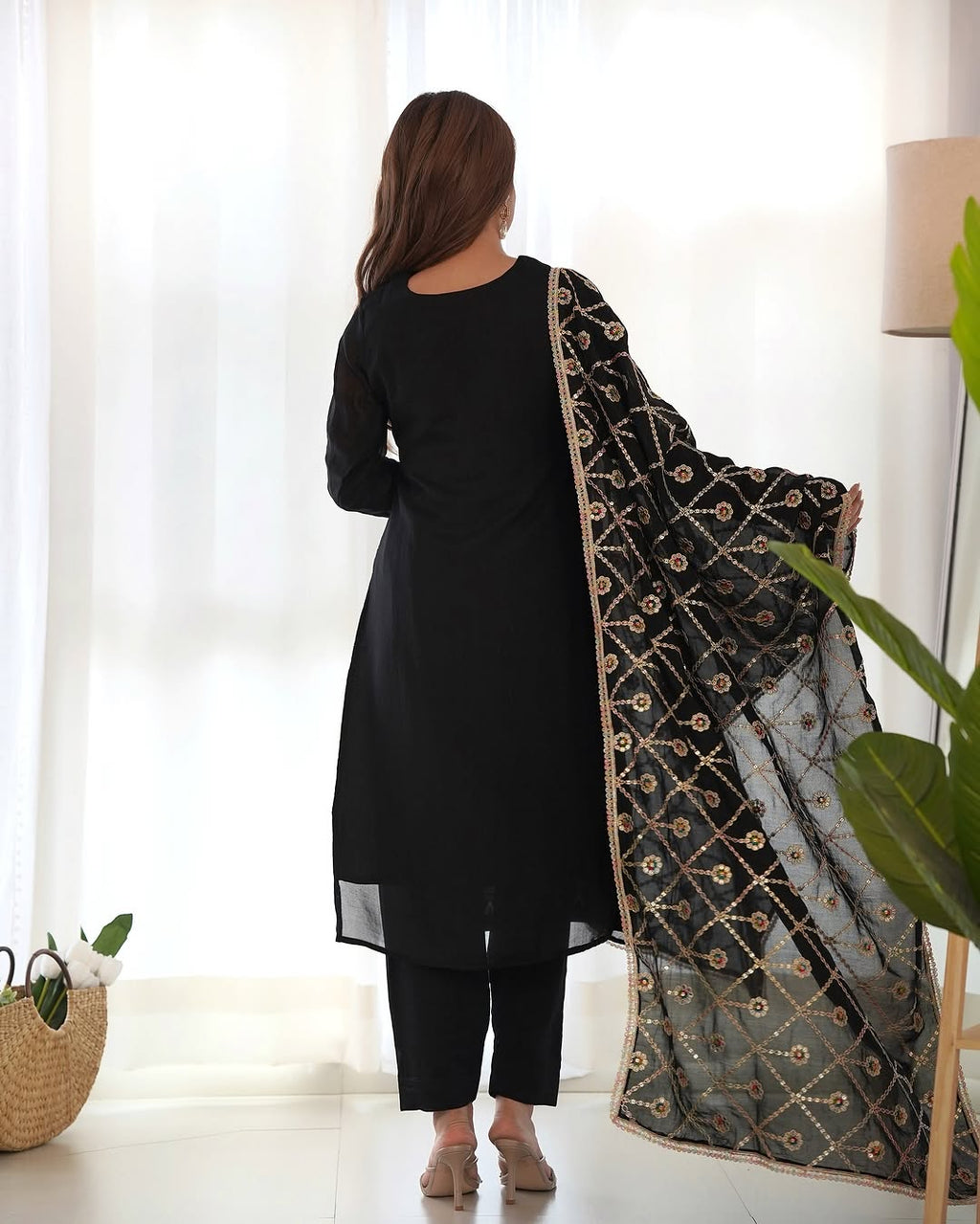Adya black pure blooming vichitra silk kurta suit set with dupatta