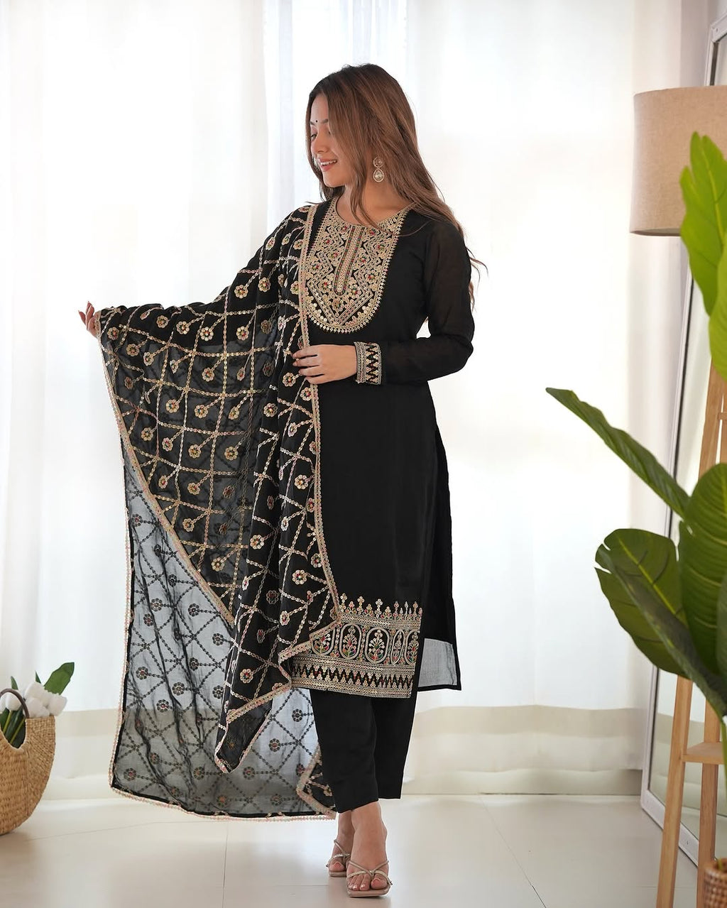 Adya black pure blooming vichitra silk kurta suit set with dupatta