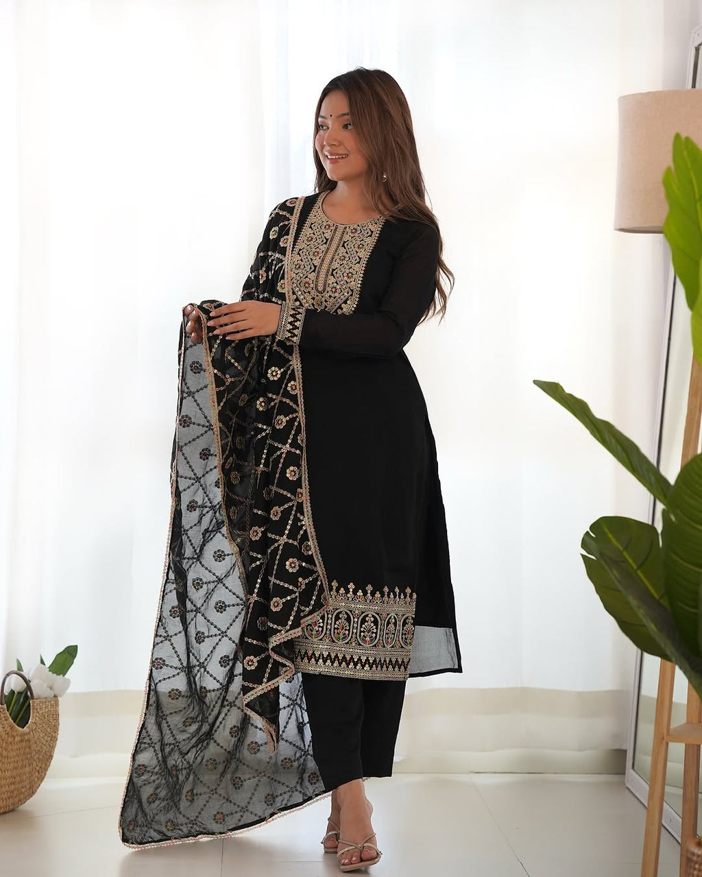 Adya black pure blooming vichitra silk kurta suit set with dupatta