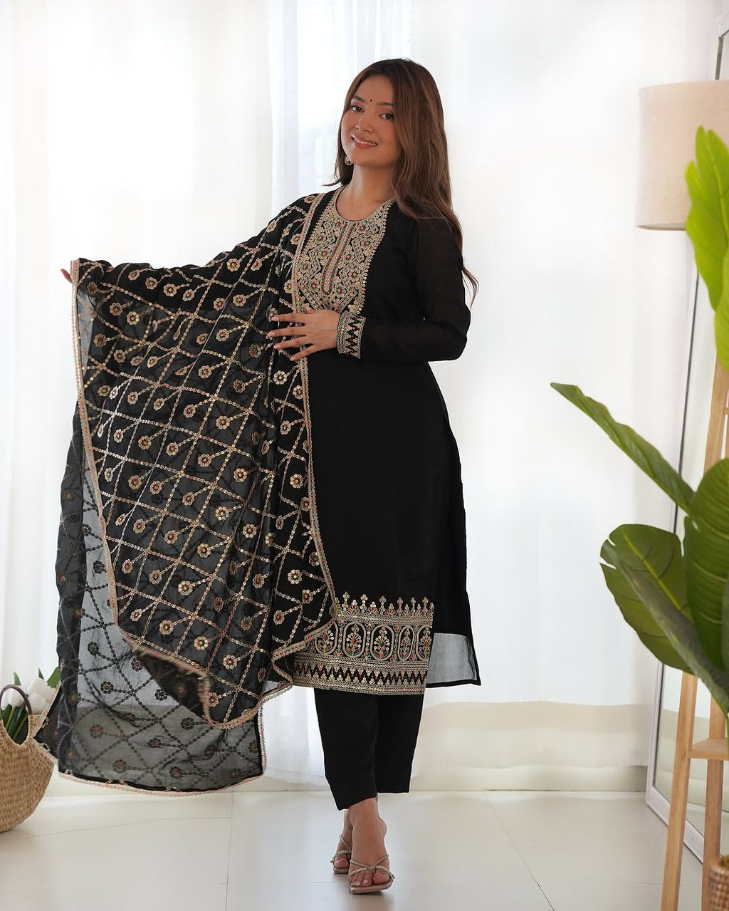 Adya black pure blooming vichitra silk kurta suit set with dupatta
