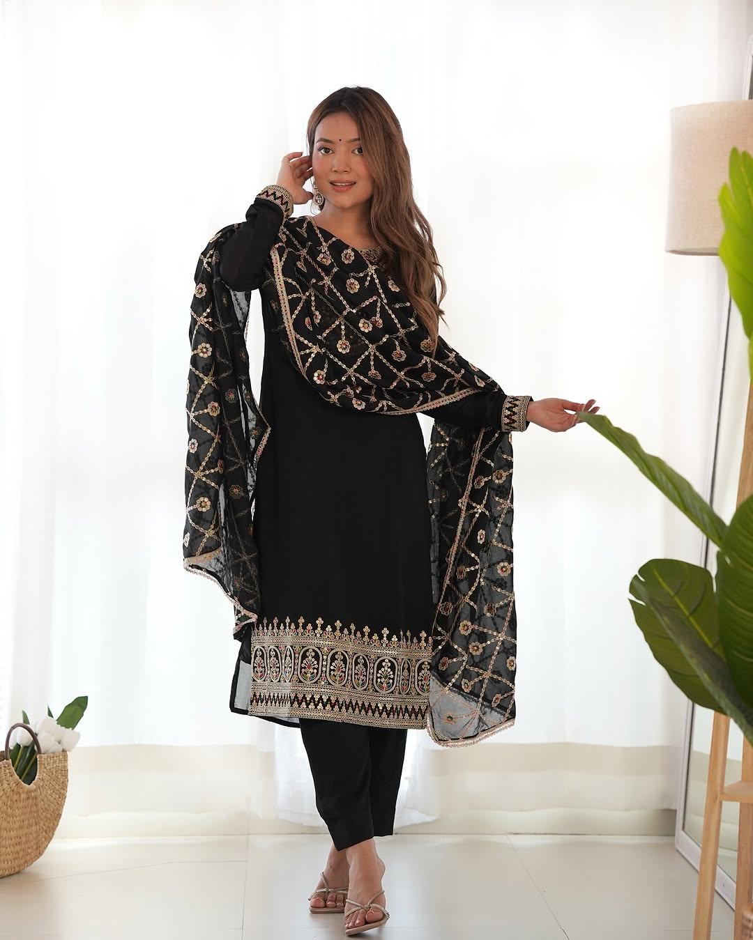 Adya black pure blooming vichitra silk kurta suit set with dupatta
