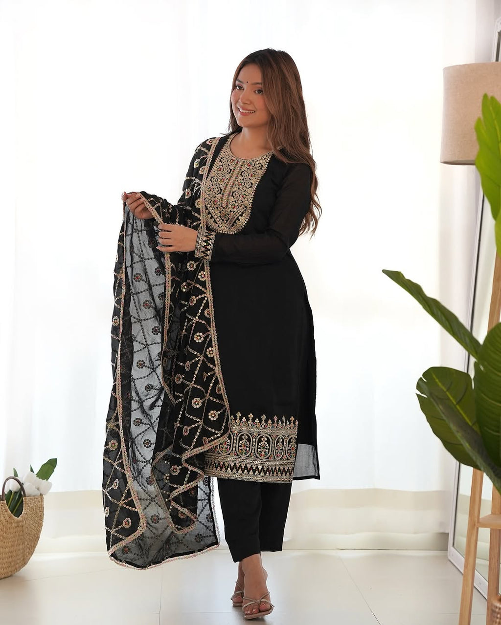 Adya black pure blooming vichitra silk kurta suit set with dupatta