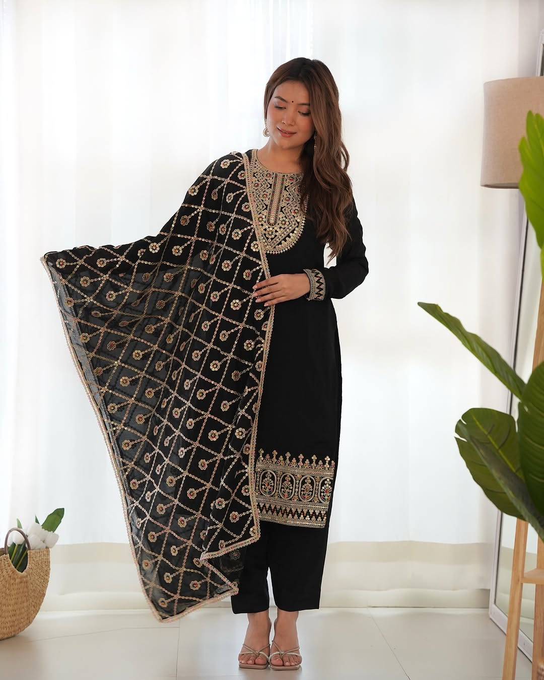 Adya black pure blooming vichitra silk kurta suit set with dupatta