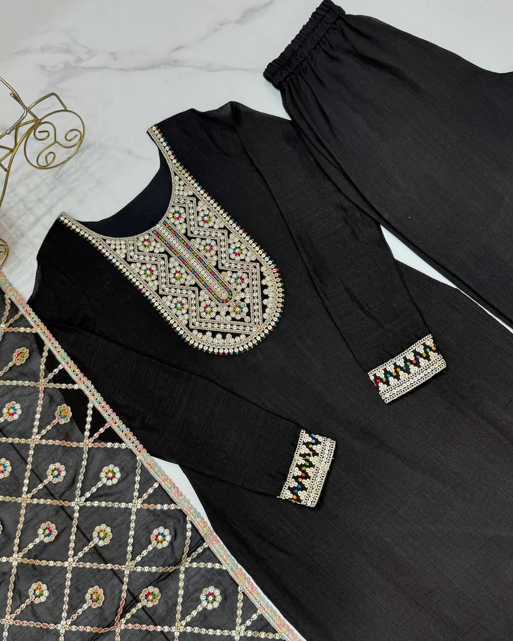 Adya black pure blooming vichitra silk kurta suit set with dupatta