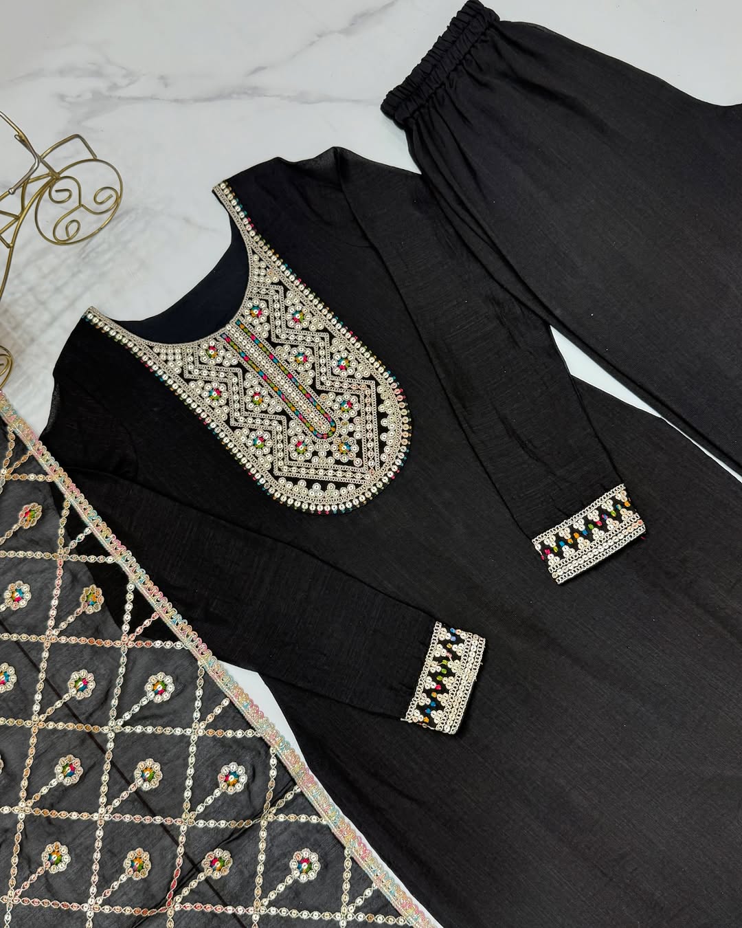 Adya black pure blooming vichitra silk kurta suit set with dupatta