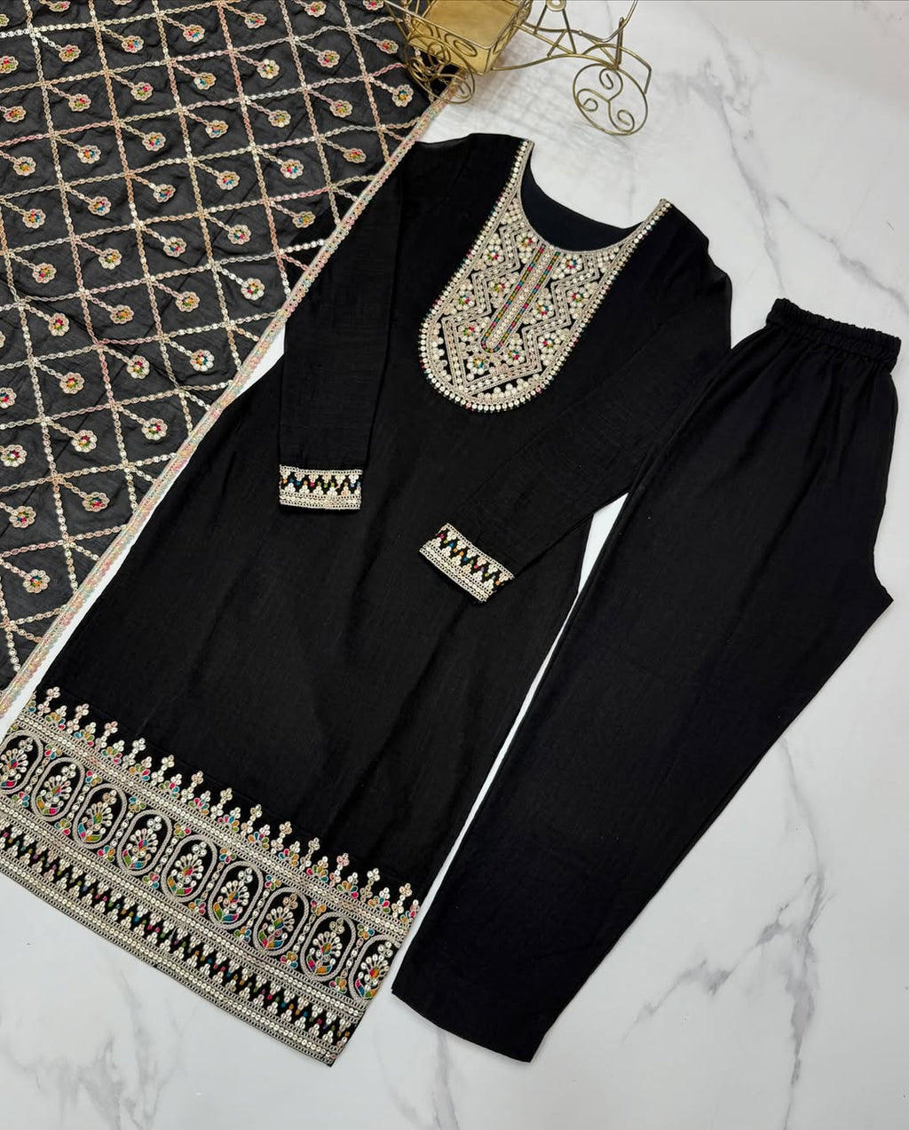 Adya black pure blooming vichitra silk kurta suit set with dupatta
